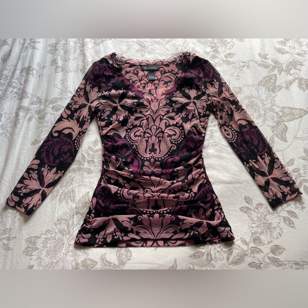 Y2K Purple Ruched Micro Mesh Nylon‎ Sheer Top Small Fairycore Cottagecore Boho